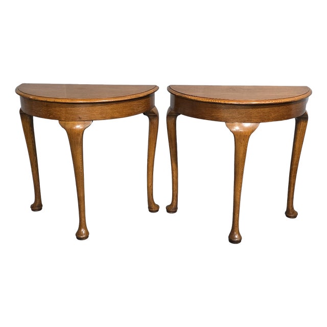 Oak Demi Lune Console Tables, 1920s, Set of 2 For Sale