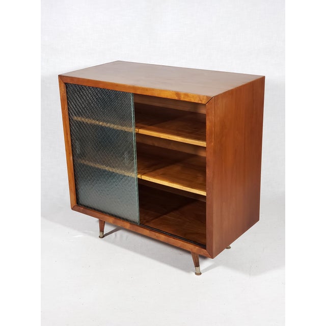 Pair of Vintage Original Mid-Century Modern Walnut Finish All Wood Display Cabinets With Adjustable Shelves and Sliding Wire Glass Doors For Sale - Image 14 of 18