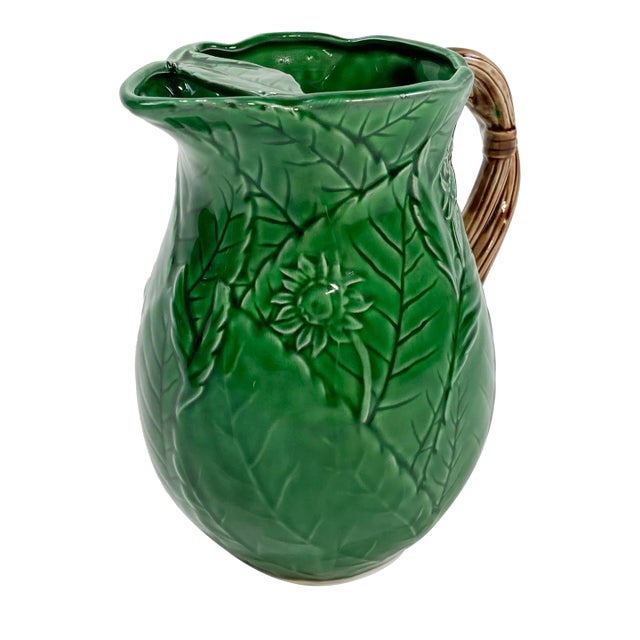 Vintage Majolica Style Leaf Motif Pitcher For Sale