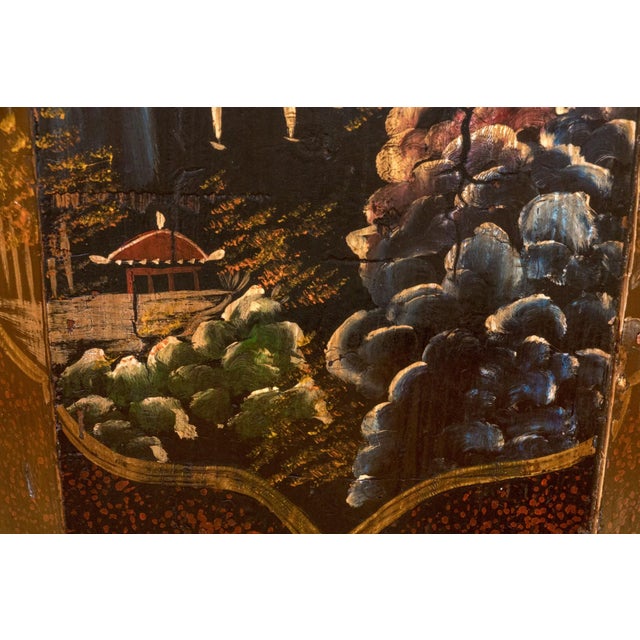 A lovely antique Chinese lidded black lacquered wooden octagonal drum form rice barrel with painted with a hand-painted...