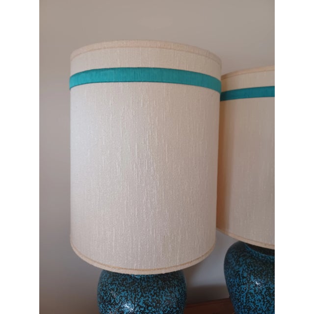 Metal Large Glazed Ceramic Table Lamps With Original Shades - a Pair For Sale - Image 7 of 13