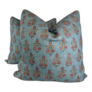 Gp & J Baker "Poppy Sprig" in Denim 22" Pillows-A Pair For Sale