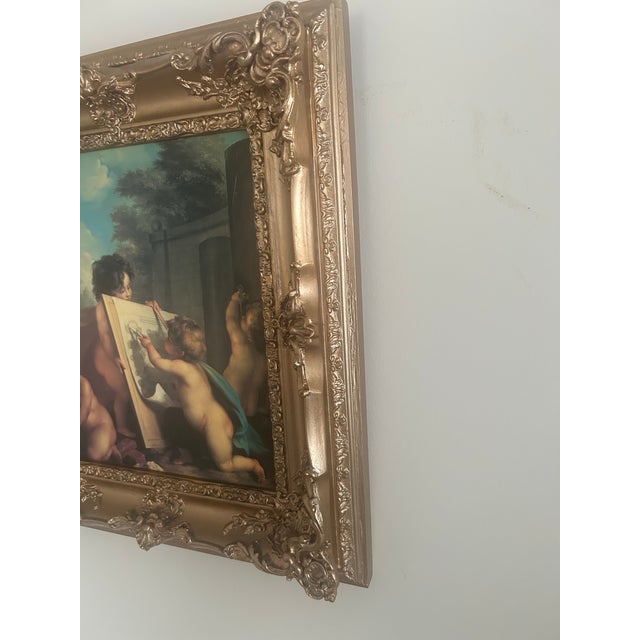 Beautiful Vintage Oil Painting on Canvas of Cherubs in Ornate Gold Wood Frame For Sale In Atlanta - Image 6 of 8