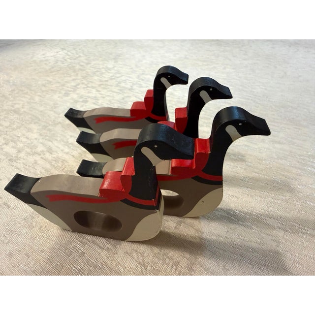 1980s Vintage Set of 4 Wooden Christmas Goose With Bow Hallmark Napkin Rings For Sale - Image 5 of 9