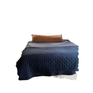 Custom Wall to Wall Velvet Headboard and Walnut King Sized Bed Frame For Sale