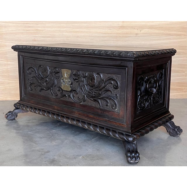 Black 19th Century Spanish Carved Cassone Trunk with Original Hardware and Three Locks For Sale - Image 8 of 18