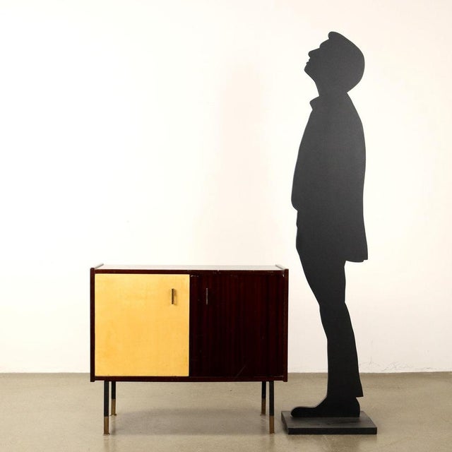 2-door cabinet, in mahogany veneer stained with polyester finish, with lacquered door, metal legs with brass tips. This...