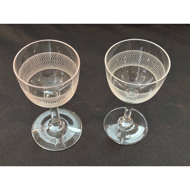Glass Clear Wheel-Etched Cordial Vintage Glasses - A Pair For Sale - Image 7 of 7
