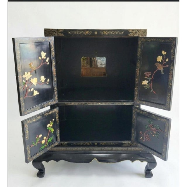 1980s Vintage Chinoiserie Black Lacquered Large 4 Door Soapstone Decorative Storage Cabinet For Sale - Image 5 of 18