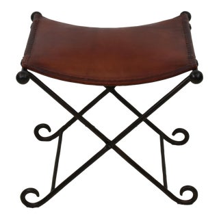 Vintage Wrought Iron Leather Saddle Folding Bench Stool Ottoman For Sale