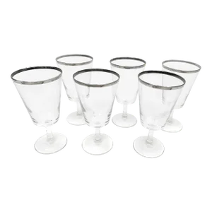 Mid-Century Modern Dorothy Thorpe Silver Rimmed Large Flaring Glass Goblets - Set of 7