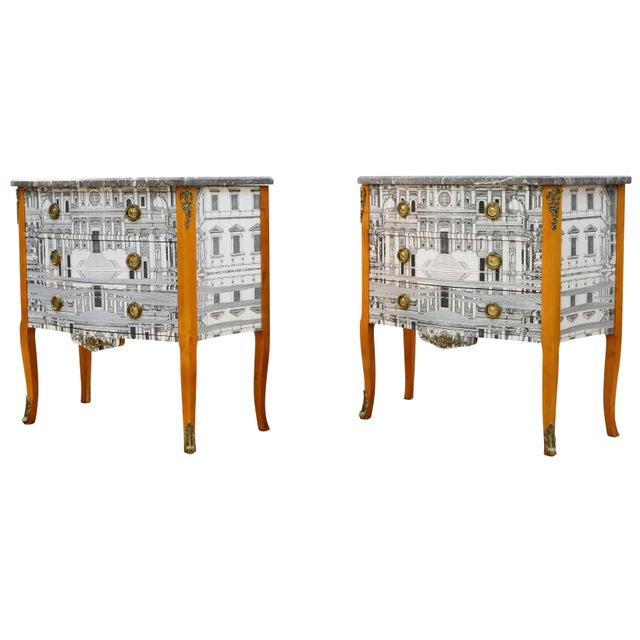 Wood 1950s Pair of Louis XV Style Chest With Fornasetti Pattern of Ancient Rome and Grey Marble Top For Sale - Image 7 of 8
