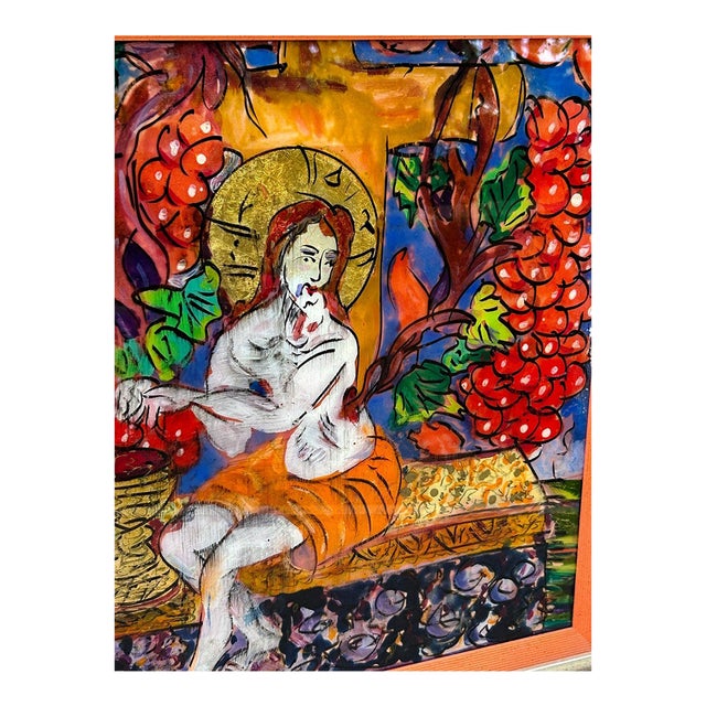 Mid 20th Century Saint Among the Vines – Hand-Painted Reverse Glass Icon With 24 Carat Gold Highlights - Unsigned Unknown Artist For Sale