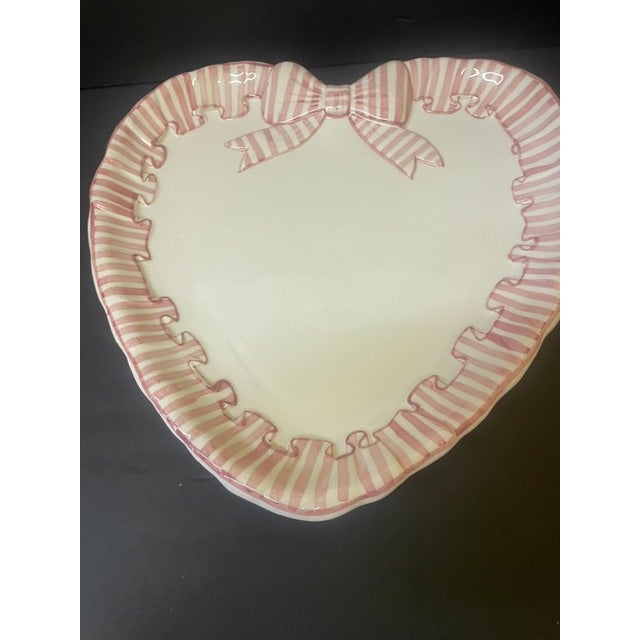 Vintage 1989 Angora / Haldon Group "Pink Stripe" Ribbon Bow Heart Platter - Rare 14" For Sale - Image 12 of 17