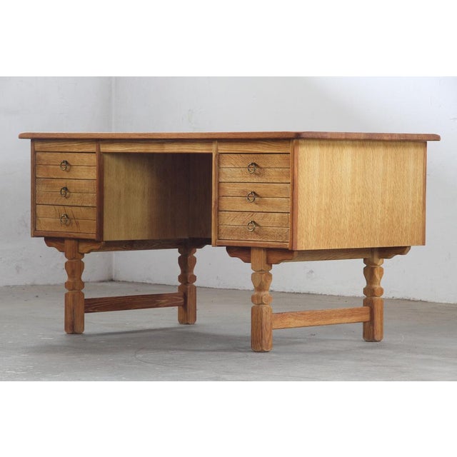 Mid-Century Modern Mid-Century Oak Writing Desk with 6 Drawers and Open Back in the style of Henning Kjærnulf, 1960s For Sale - Image 3 of 18