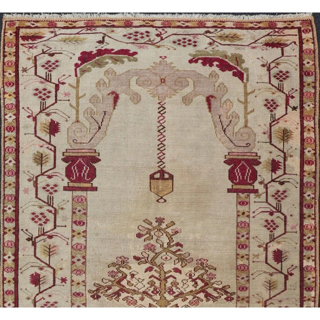 Turkish Early 20th Century Color Antique Oushak Rug With Columns, Chandelier & Vase Design For Sale - Image 3 of 13