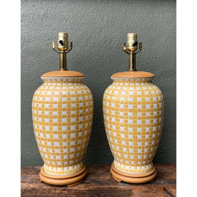 Vintage Glazed Ceramic Grid Lamps - A Pair For Sale - Image 11 of 12