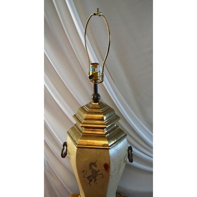 Mid-Century Modern 1970s Chapman Manufacturing Vintage Leather and Brass Table Lamps & Lamp Shade - a Pair For Sale - Image 3 of 13