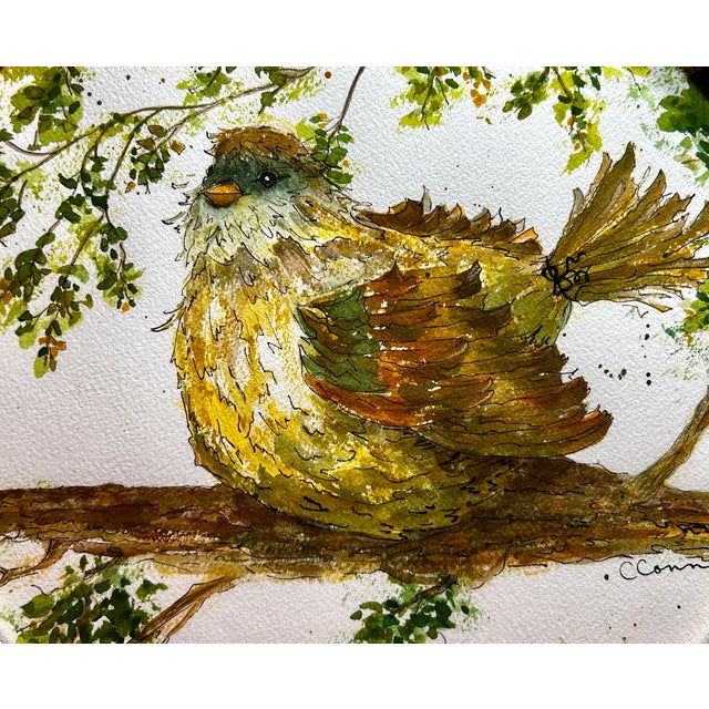 Burnt Umber Original Watercolor Ink and Wash Painting “Poofy Bird” For Sale - Image 8 of 8