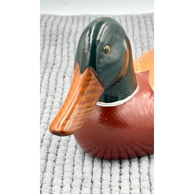 Vintage Hand-Carved Hand-Painted Wooden Mallard Duck Decoy Folk Art Lodge Decor For Sale - Image 4 of 9
