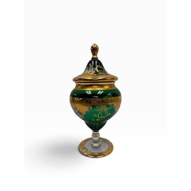Murano Vintage Murano Emerald Green "Tre Fuochi" 24k Gold Venetian Glass Lidded Urn For Sale - Image 4 of 8