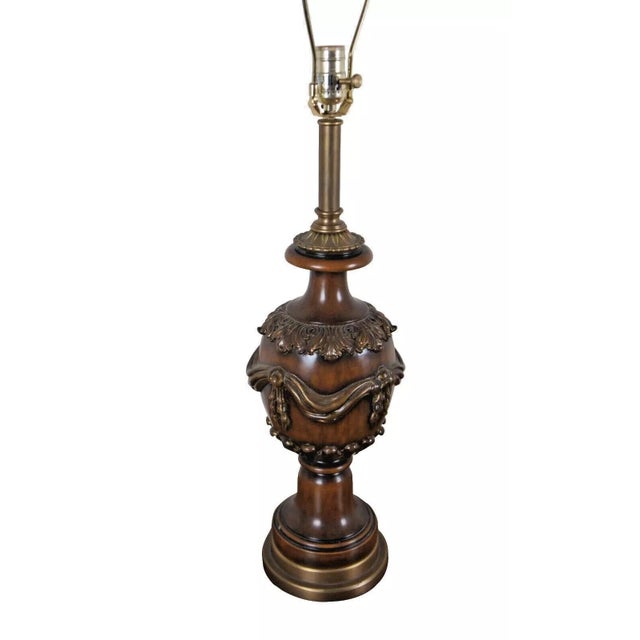 Neoclassical Set of 2 Vintage Theodore Alexander Neoclassical Acanthus Mahogany Finish Brass Table Lamps For Sale - Image 3 of 9