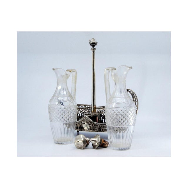 Silver Cruet with Silver Structure Cut Into the Shape of Nave with Two Cut Glass Cruets on Four Raised Feet and Silver Lid Support For Sale - Image 8 of 11