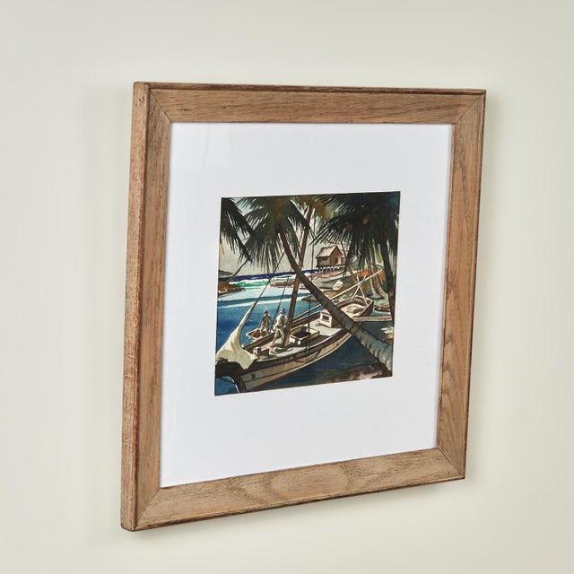 Transporting watercolor painting on paper depicting a tropical scene with figures, a boat, a house and palm trees in a...