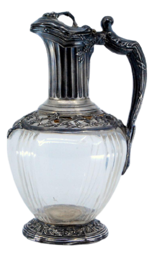 Wine Jug in Cut Glass and Silver on the Lid, Neck, Handle and Base with Reliefs