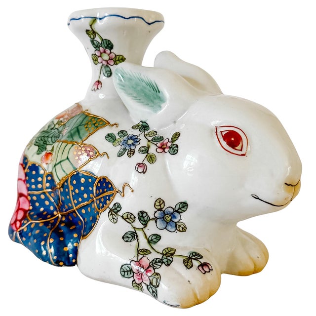 Chinoiserie Vintage Hand-Painted Chinoiserie Tobacco Leaf Porcelain Rabbit Candlestick For Sale - Image 3 of 10