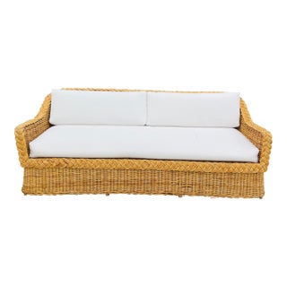 Vintage Rattan Sofa, New Sunbrella Upholstery, Wicker Works Style Braided Trim For Sale