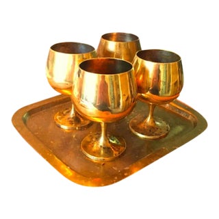 1970s Brass Wine Glasses and Tray Set- 5 Pieces For Sale