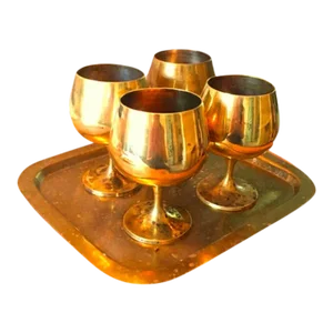 1970s Brass Wine Glasses and Tray Set- 5 Pieces