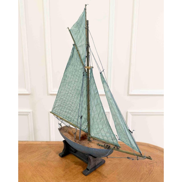 Aqua Carved Wooden Gaff Cutter Pond Yacht with original paint. England, circa 1940. For Sale - Image 8 of 11