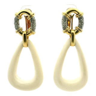 1970s Italian Modernist 18k Gold Diamond and Sculpted Natural Bone Drop Earrings, A Pair For Sale
