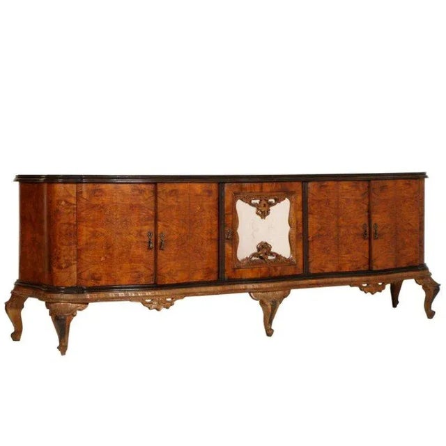 Early 20th century large venetian baroque chippendale credenza sideboard with golden leaf mirror , by fratelli testolini e...