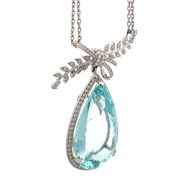 Contemporary Platinum Necklace With 48.67-Carat Pear-Cut Aquamarine & Diamonds For Sale - Image 3 of 18