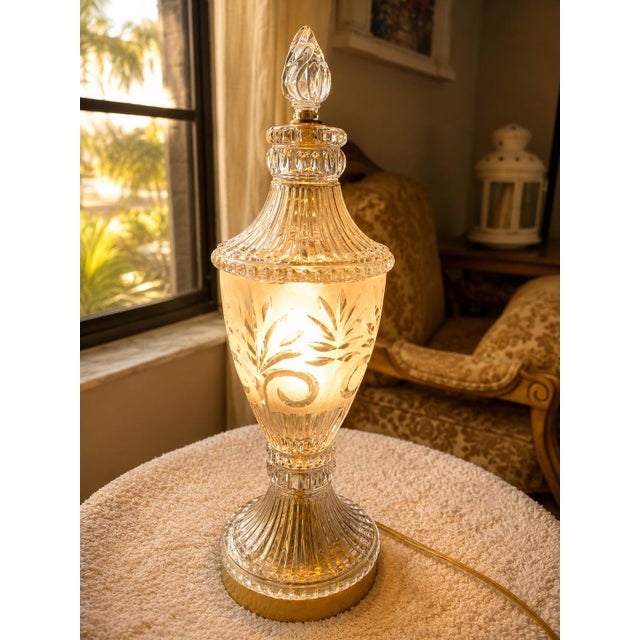 Exquisite vintage crystal table lamp featuring an elegant hand-etched botanical motif with delicate foliage and leaf...