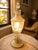 Exquisite vintage crystal table lamp featuring an elegant hand-etched botanical motif with delicate foliage and leaf...