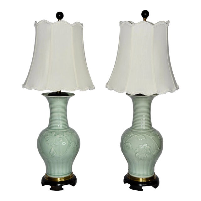 Pair 1960s Chinese Longquan Celadon Porcelain Table Lamps With Shade For Sale