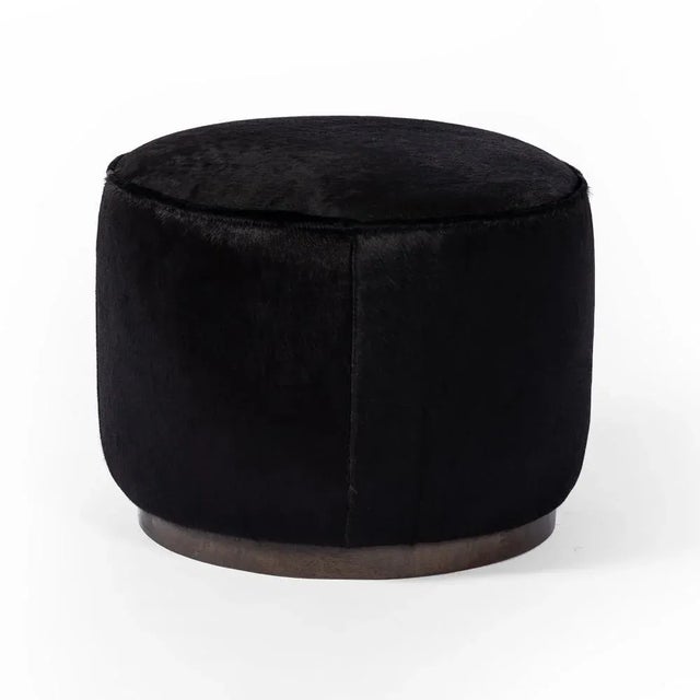 Contemporary Four Hands Sinclair Round Ottoman, Dark Hair On Hide For Sale - Image 3 of 5