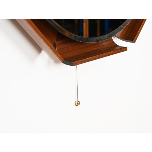 Glass Italian Curved Teak Backlit Bevel Mirror by ISA Bergamo, 1968 For Sale - Image 7 of 14
