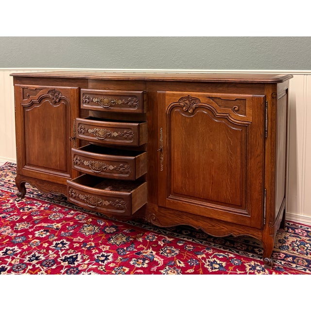 Antique French Louis XV Bow Front Buffet Sideboard Server Carved Oak C. 1930s For Sale In Dallas - Image 6 of 18