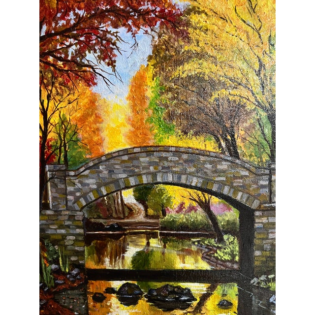Inspired by Steve Schaaf’s Autumn Bridge Reflections Original Oil Painting For Sale In San Francisco - Image 6 of 11