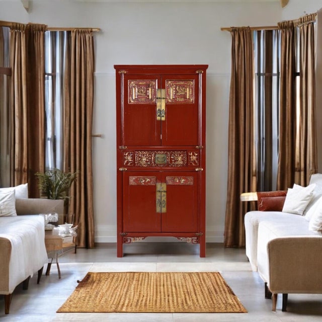 Chinoiserie Ornately Carved Asian Modern Red Lacquer Gilt Gold Armoire With Brass Hardware For Sale - Image 3 of 14