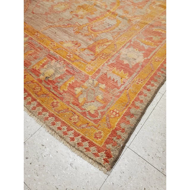Antique Oushak Handmade Turkish Oriental Saffron, Coral & Light Blue Rug For Sale - Image 12 of 12