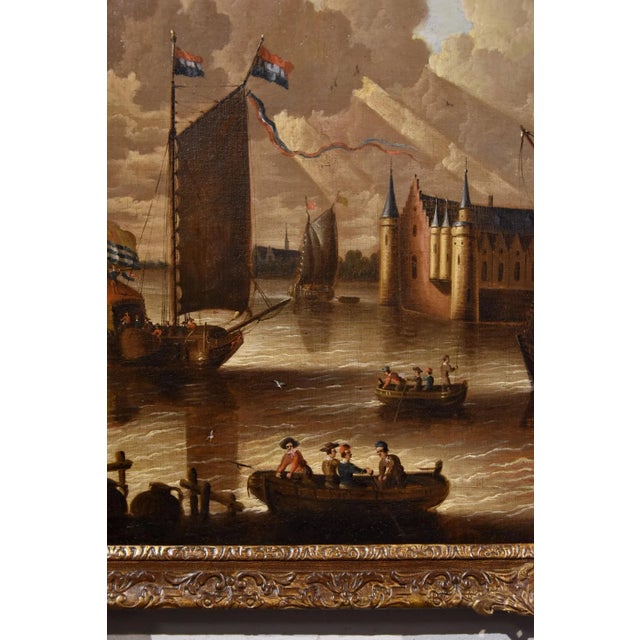 Peter Van Der Velde, Marina Landscape with Boats, 1700, Oil on Canvas For Sale - Image 8 of 16
