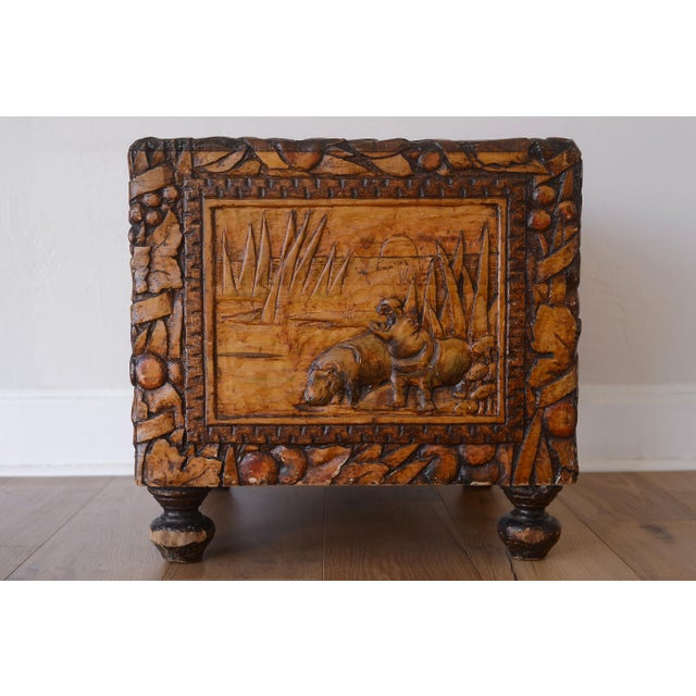 Folk Art Vintage Folk Art Camphor Chest With African Safari Theme Animal Carvings For Sale - Image 3 of 15
