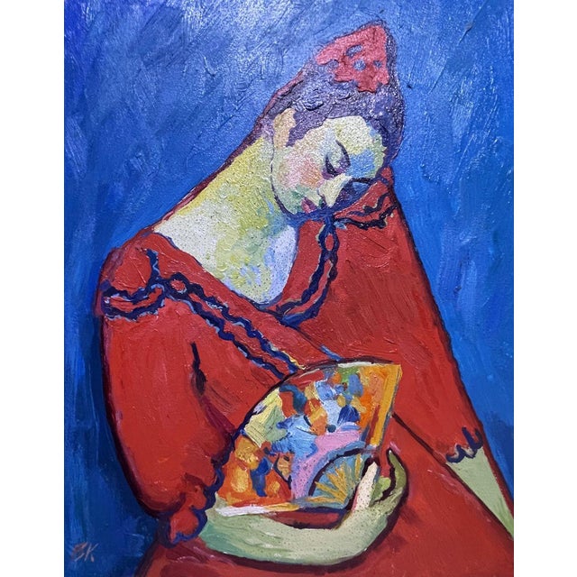 Oil Painting Girl in Red With a Fan Victor Konotopsky For Sale