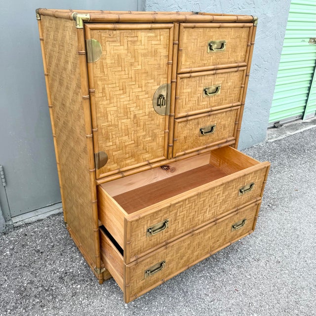 Boho Chic Herringbone Wicker Faux Bamboo Highboy Dresser by Dixie For Sale - Image 10 of 11